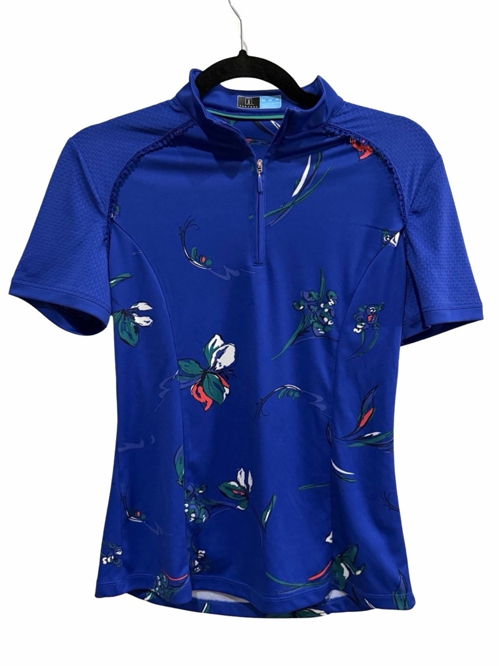 PGA Tour Blue Floral Short-Sleeve Women’s Golf Shirt with Quarter Zip